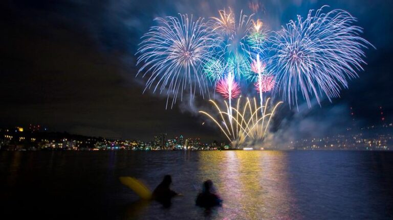 Fireworks in OC MD blueish in color with the light reflecting off the water. Photo is from a boat.
